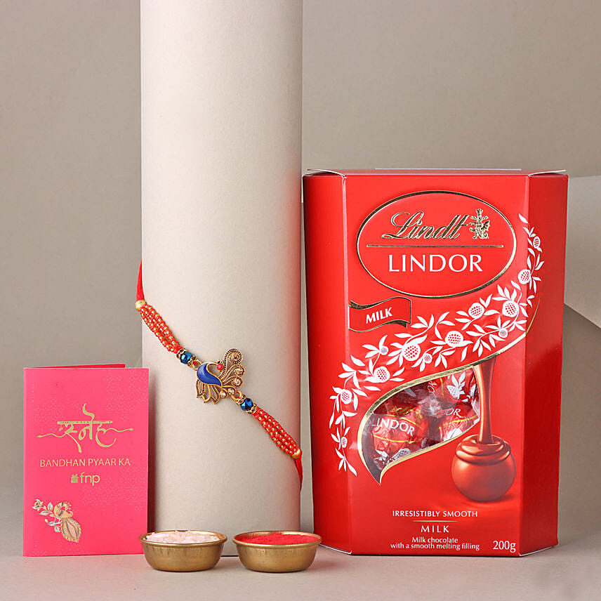 Sneh Blue Peacock Designer Rakhi with Lindt Lindor Chocolate Box