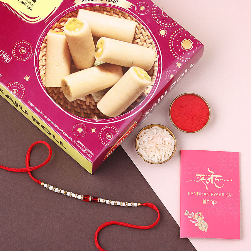 Sneh White and Red Bead Rakhi with Kaju Roll