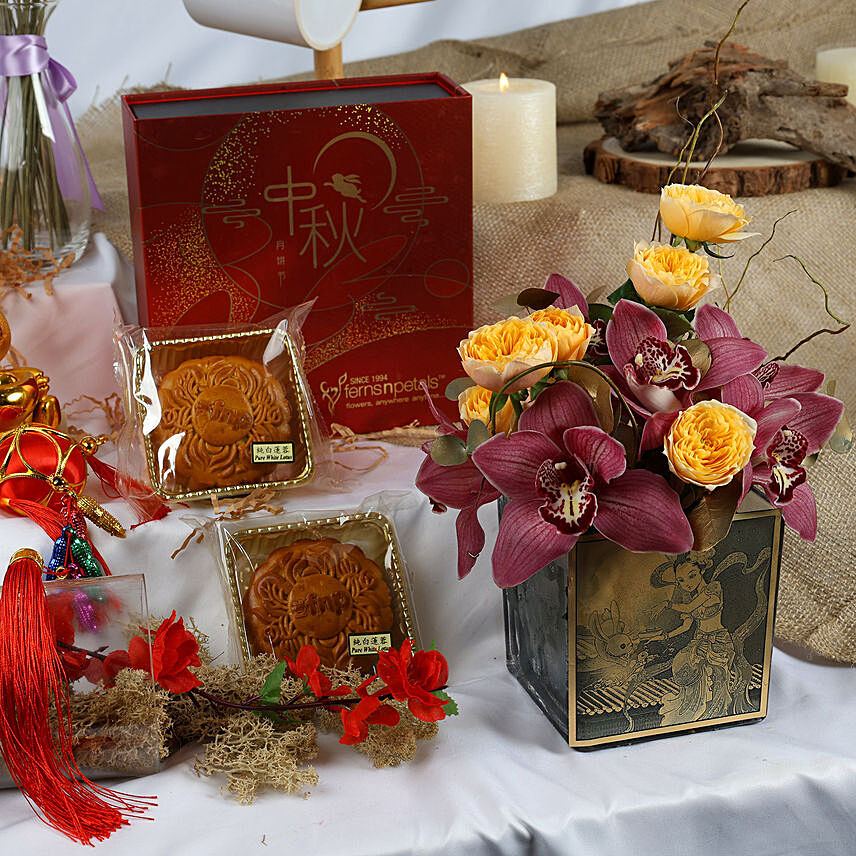Mid Autumn Blessings Flowers and Moon Cakes