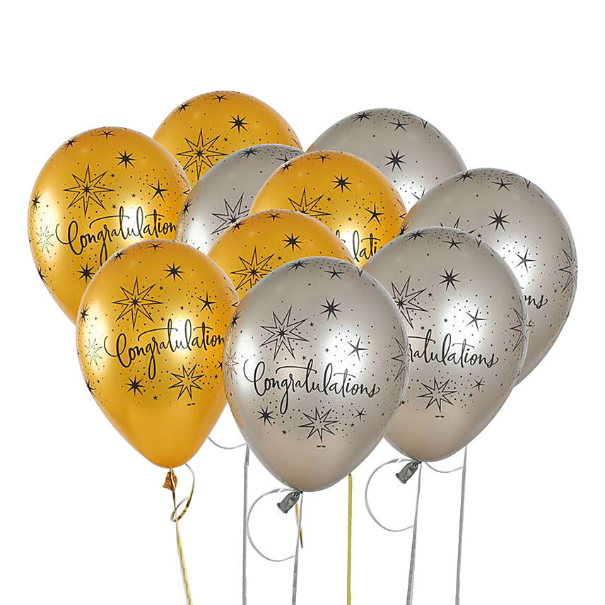 Congratulations Golden & Silver Latex Balloons 10 Pcs