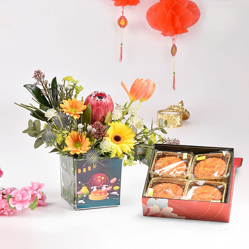 Happy Mid Autumn Festival Flowers with Moon Cakes