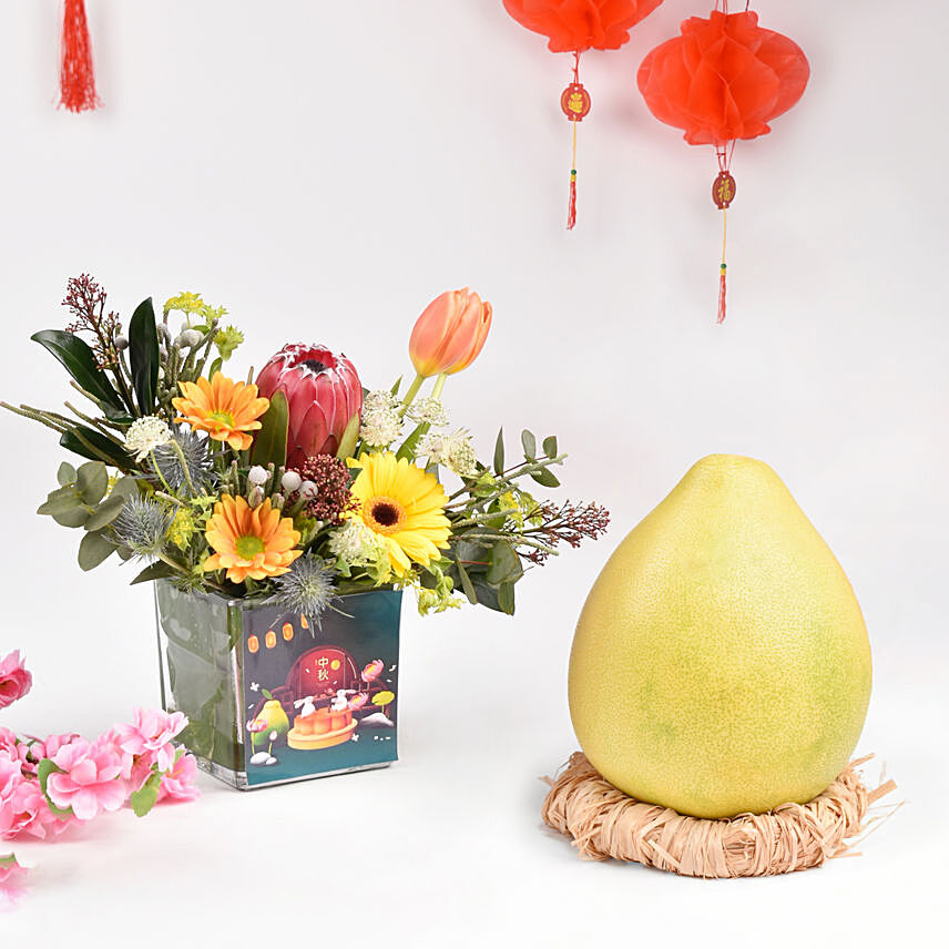 Happy Mid Autumn Festival Flowers with Pomelo