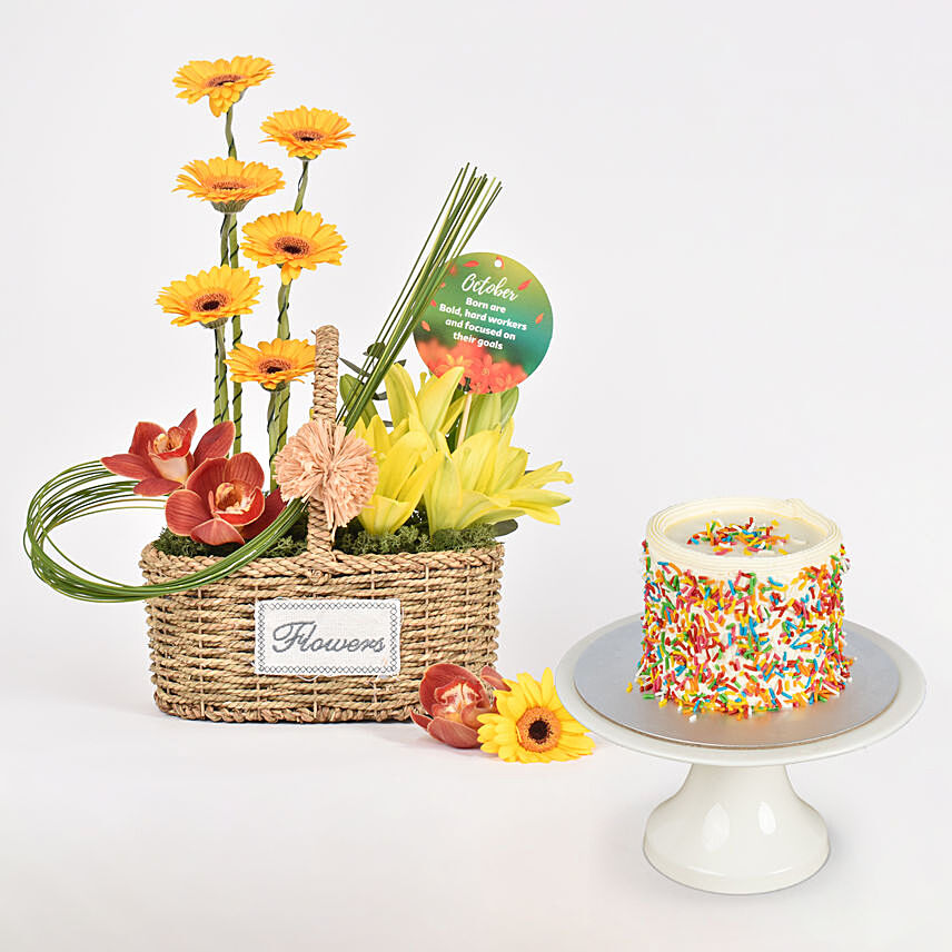 Birthday Flowers Basket with Cake