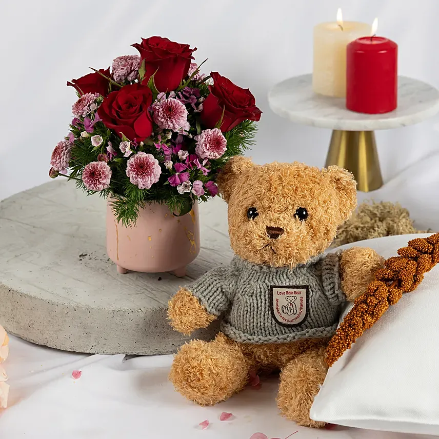 Heartfelt Floral Wishes with Teddy