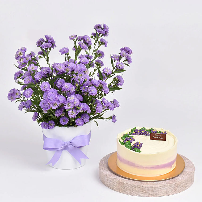 October Birthday Aster Floral Arrangement with Cake