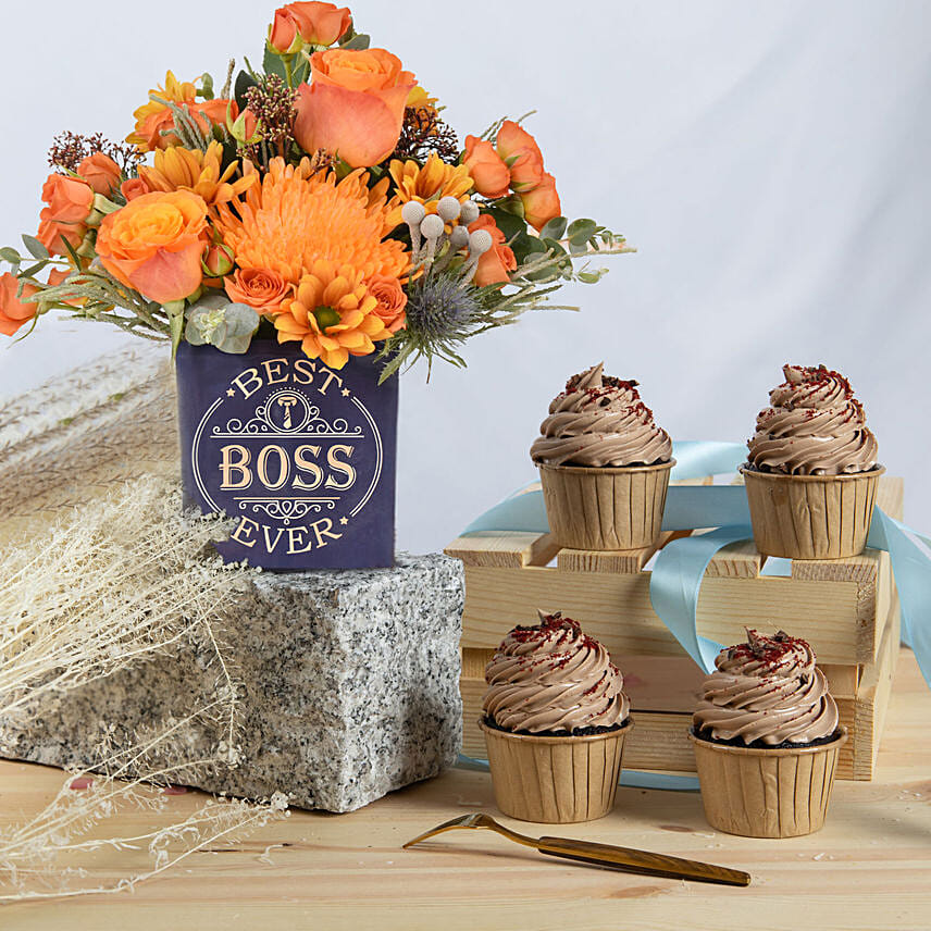 Best Boss Ever Flowers with Cupcakes