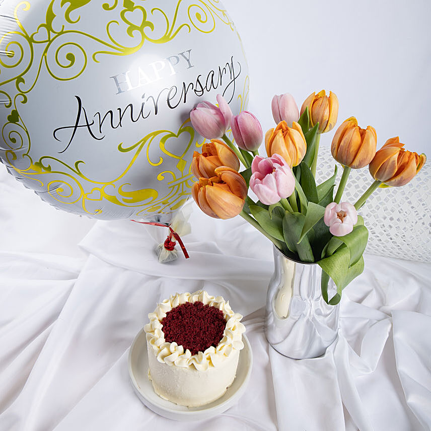 Anniversary Wishes with Tulips and Cake