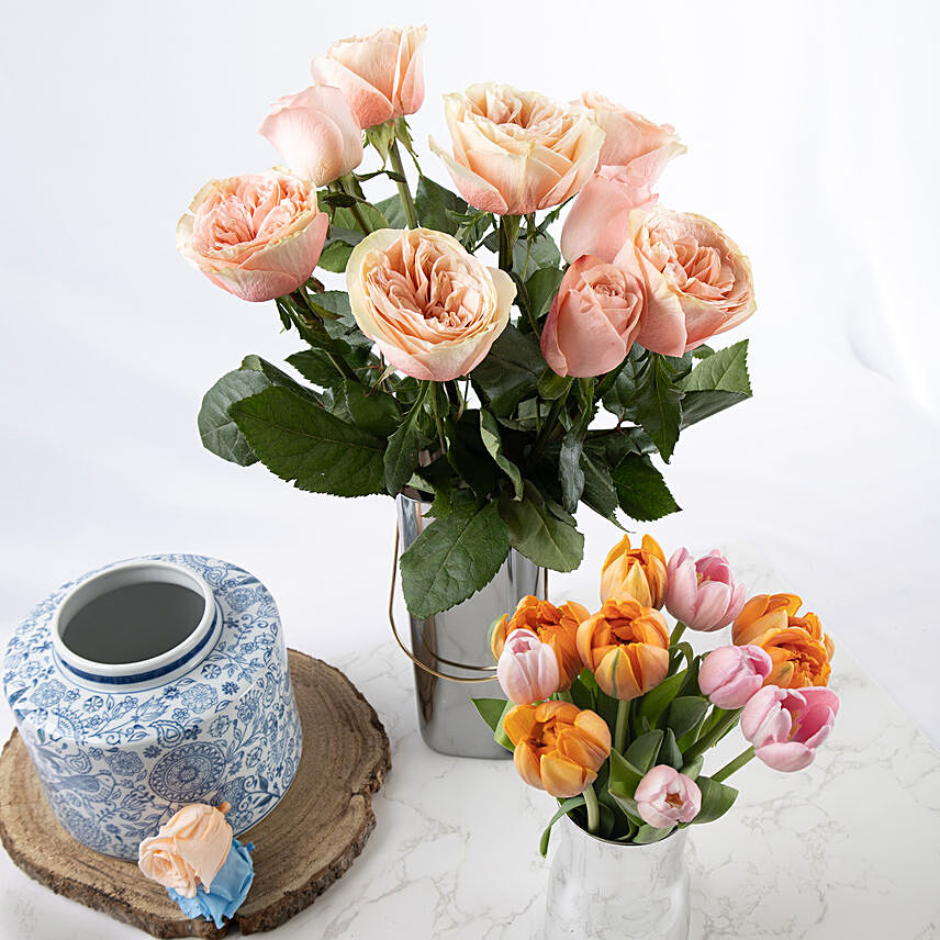 Timeless Garden Roses with Tulips