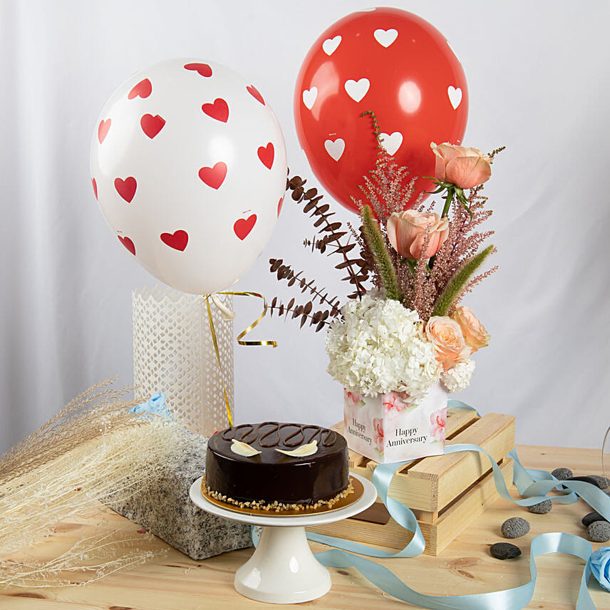 Anniversary Flowers Grace Bundle with Chocolate Cake and Balloons