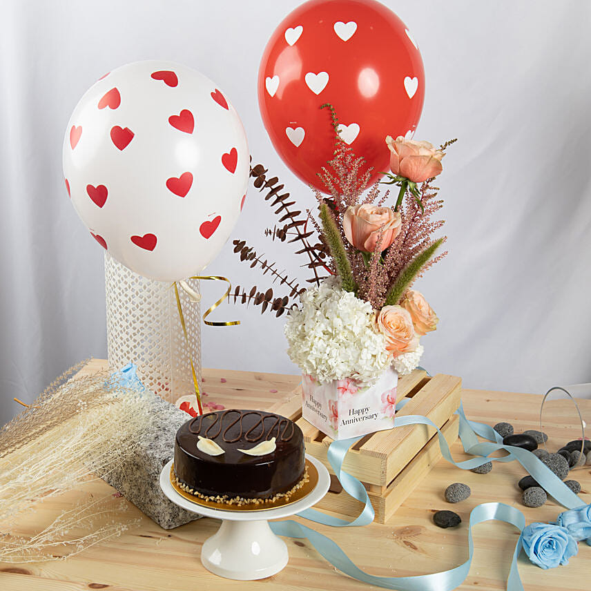 Anniversary Flowers Grace Bundle with Chocolate Cake and Balloons