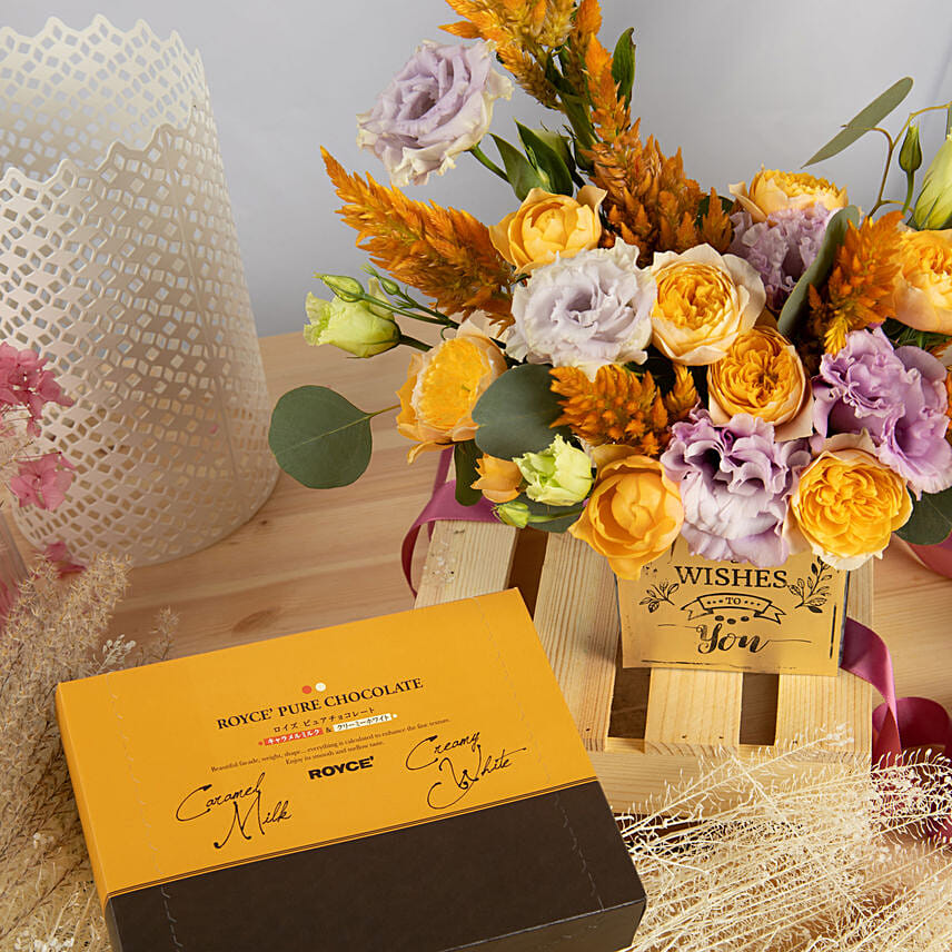 Best Wishes Flowers Arrangement with Royce Chocolates Delivery in