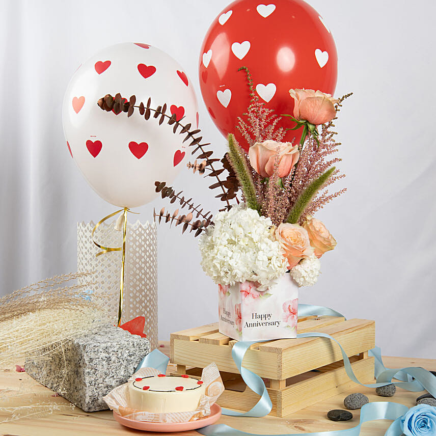 Anniversary Flowers Grace Bundle with Bento Cake and Balloons