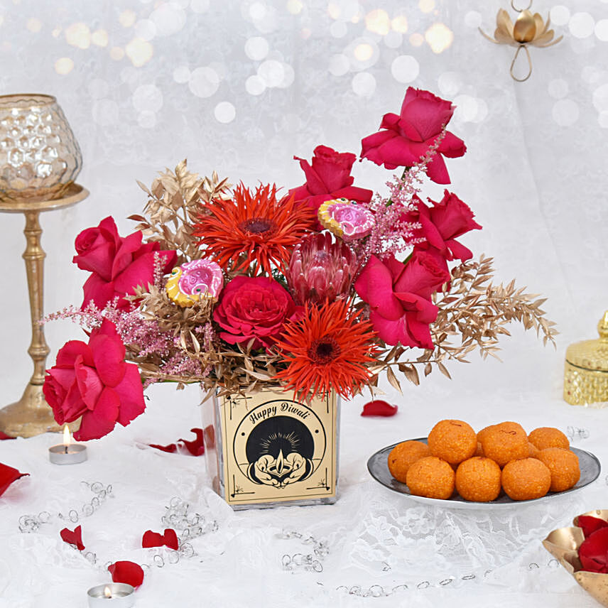 Happy Diwali Flowers and Motichoor Ladoo