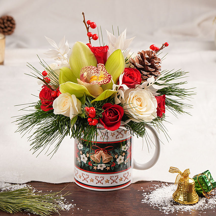 Mixed Flowers in Christmas Mug