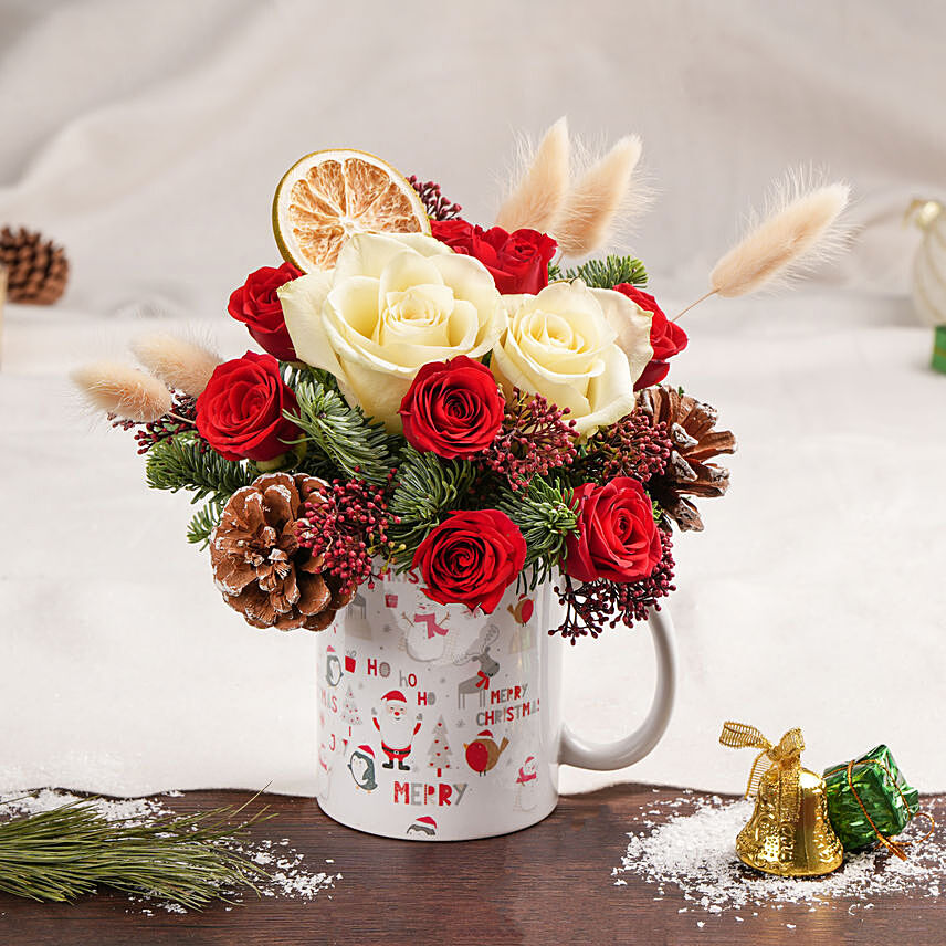 Red & White Roses in Christmas Mug