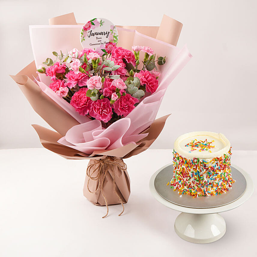 Birthday Wish Carnation Bouquet And Cake