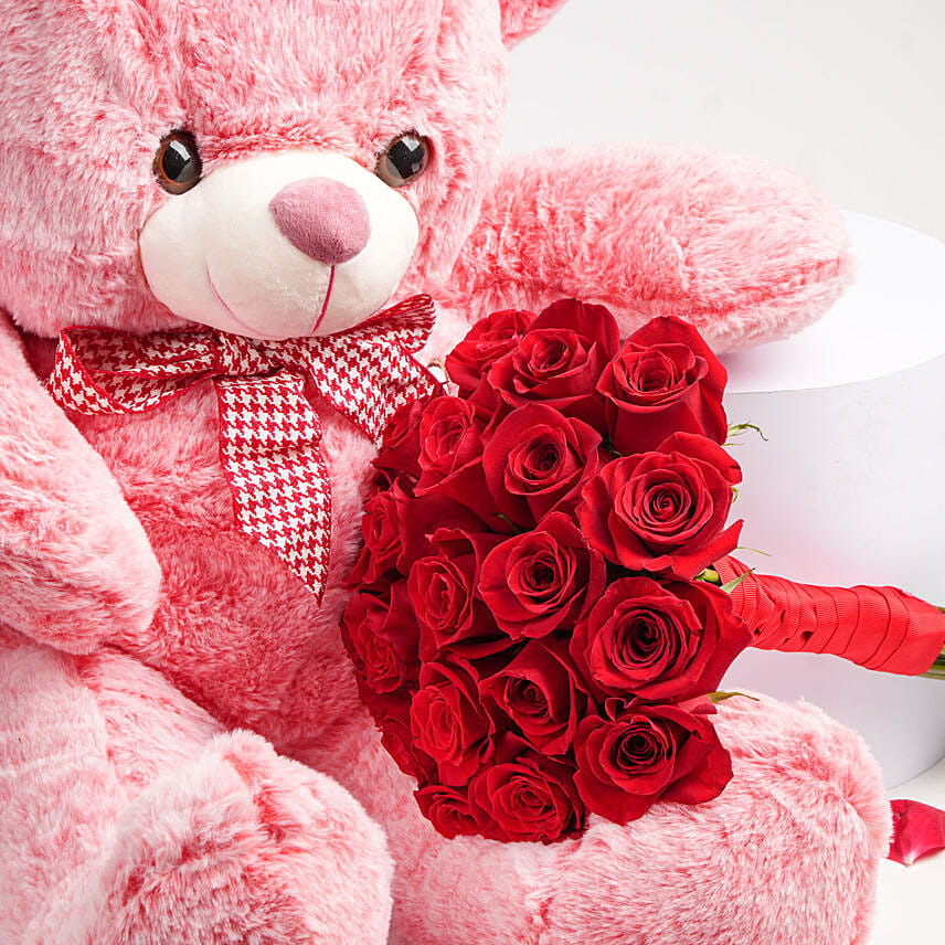 Red Roses with Big Pink Teddy Delivery in Singapore - FNP SG