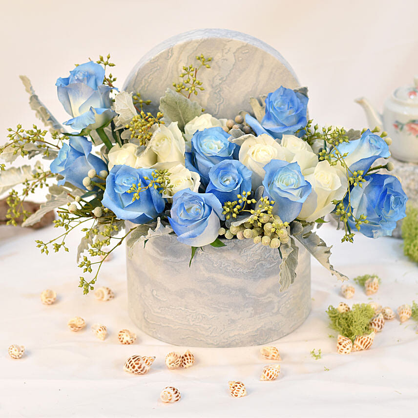 White and Blue Roses Arranngement in Box