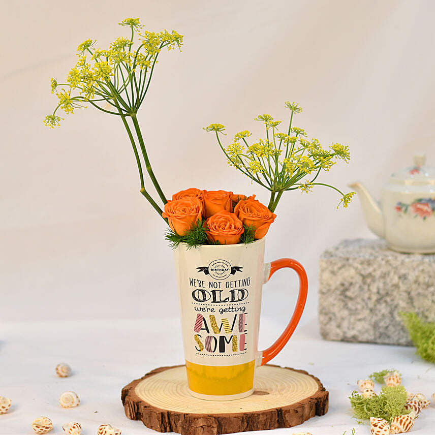 Birthday Flowers Arrangement in Coffee Mug