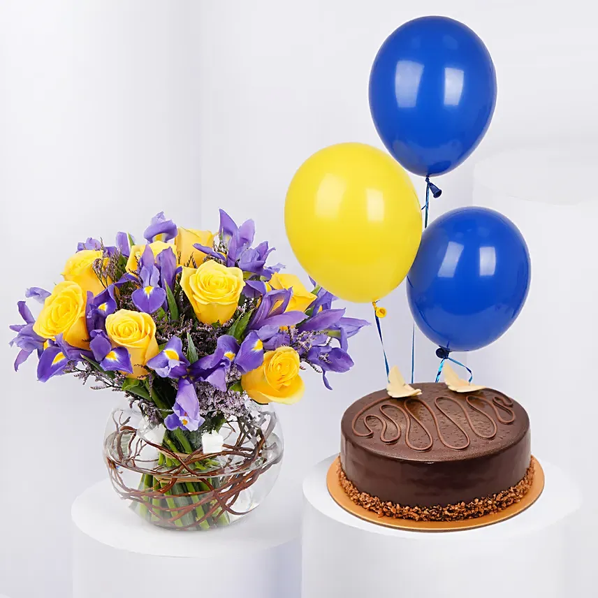 Iris Flowers with Birthday Cake and Balloons