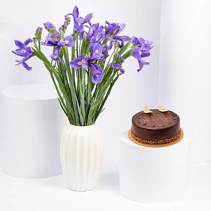 IRIS Flowers Arrangement in Premium Vase and Cake