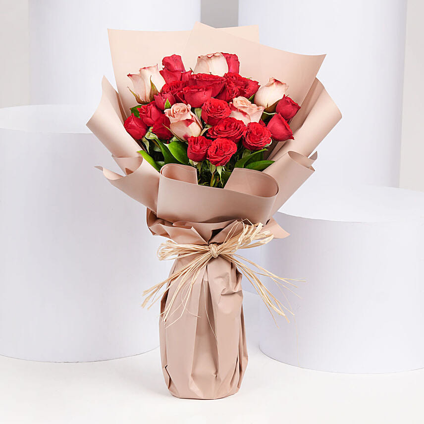 8 Cappaccino and Red Roses Bouquet for Valentines Day