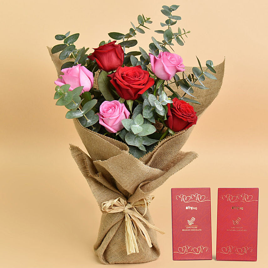 3 Pink 3 Red Roses Love Bouquet For Valentines Day With Chocolates Bar