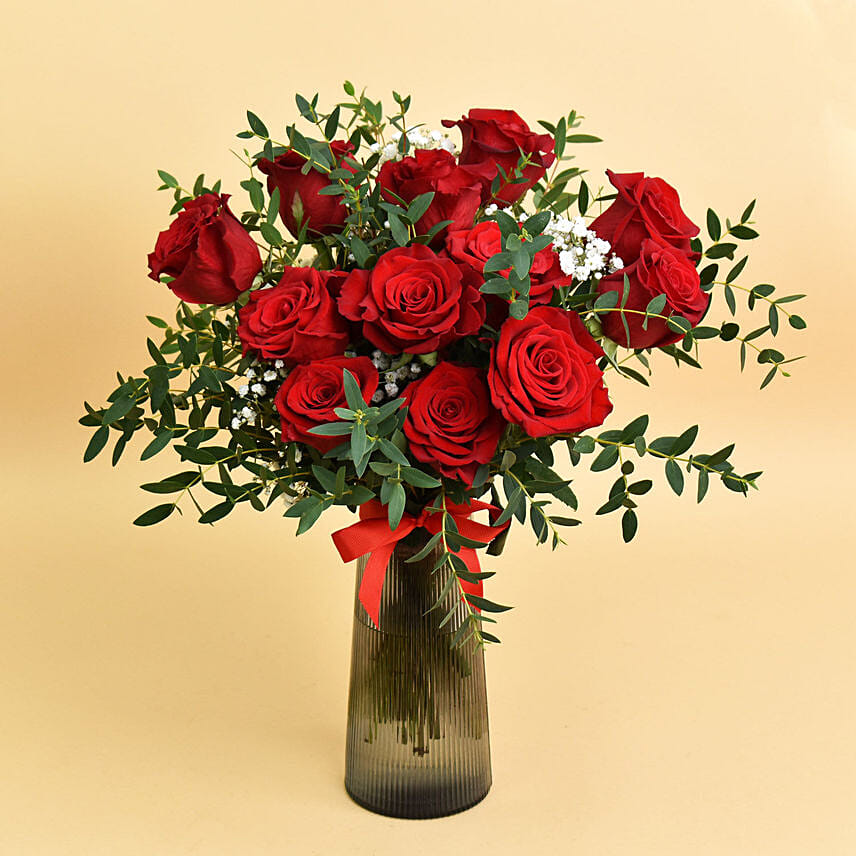 12 Red Roses in Premium Vase Delivery in Singapore - FNP SG