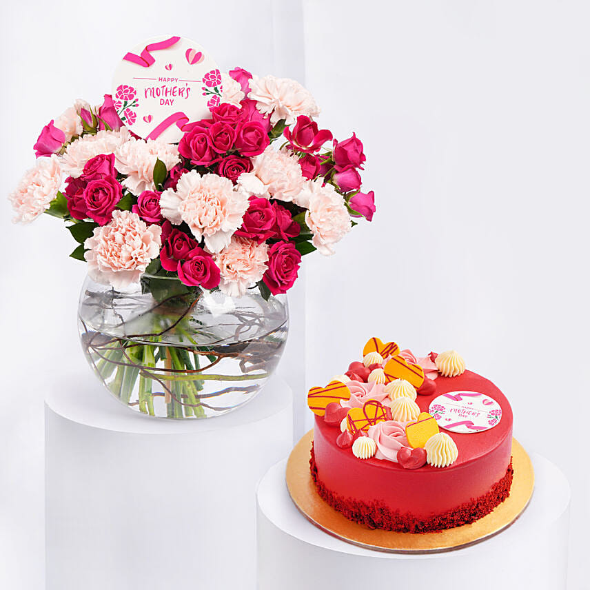 Mixed Flowers in Fish Bowl with Cake for Mom