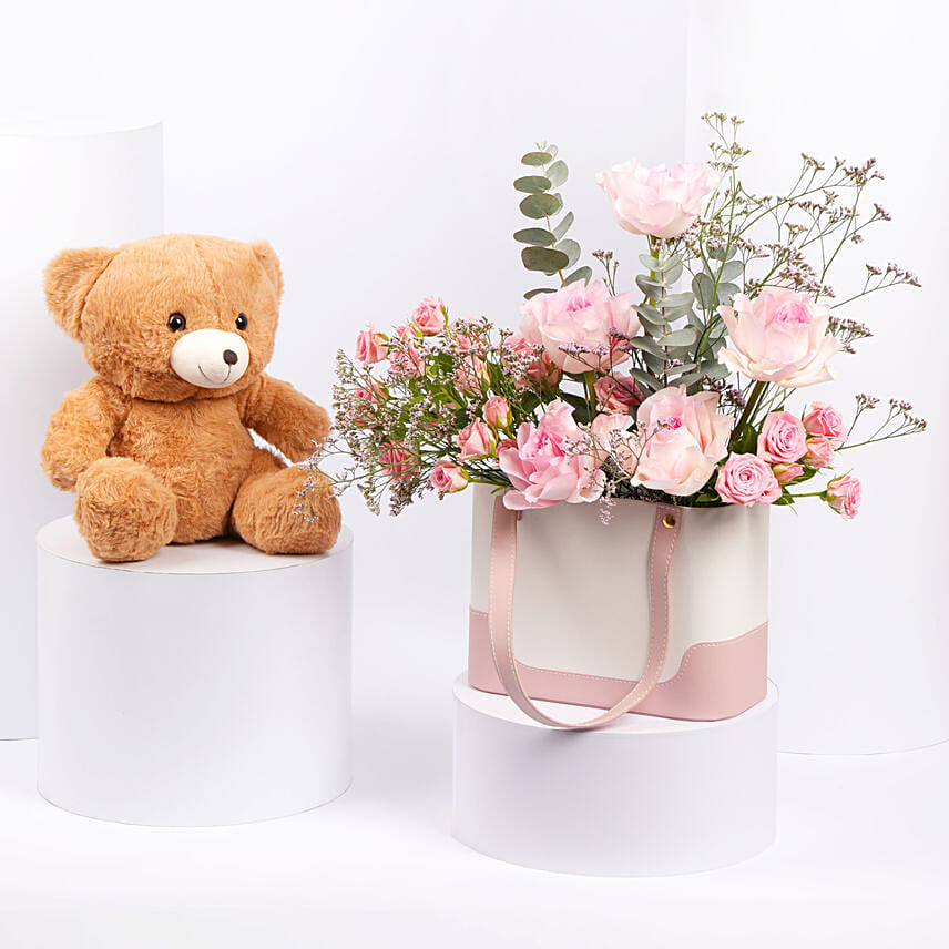 Pink Roses in Bag with Teddy Delivery in Singapore - FNP SG