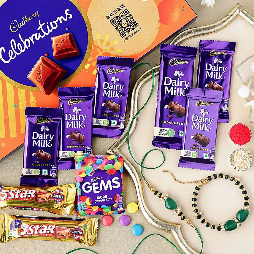 Enchanted Stone Work Lumba Pearl Rakhi Set N Choco Delights: Rakhi With Chocolates