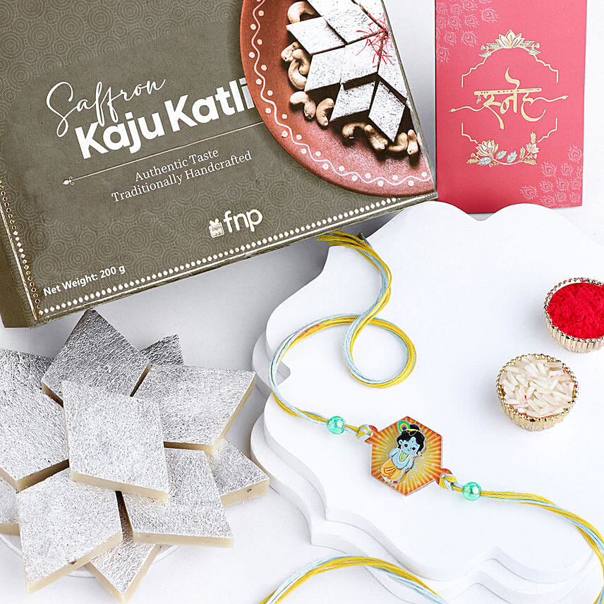 Enchanting Love in 3D Krishna Rakhi N Kaju Katli Delight