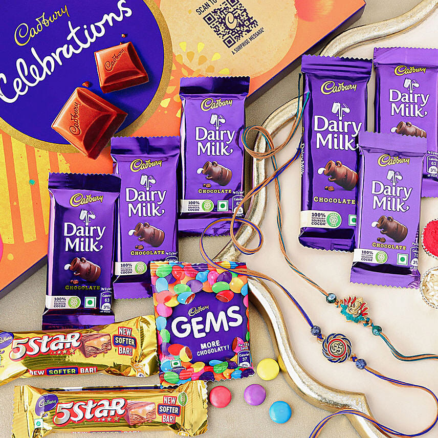 Vibrant Ganesha Om Rakhi Duo N Chocolaty Delights: 