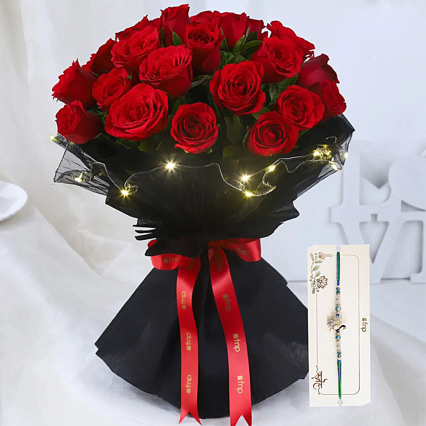 LED Elegance Rose Embrace Bouquet With Designer Peacock Rakhi
