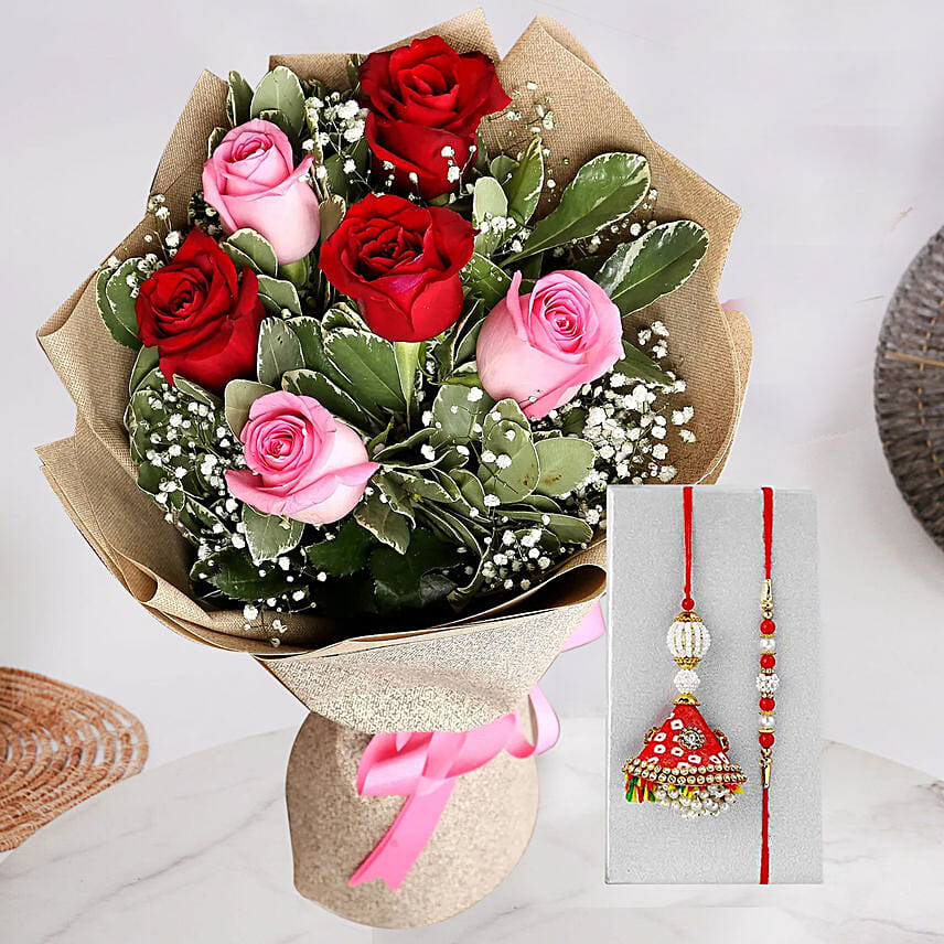 Attractive 6 Stolen Roses Bouquet with Bhabhi Rakhi