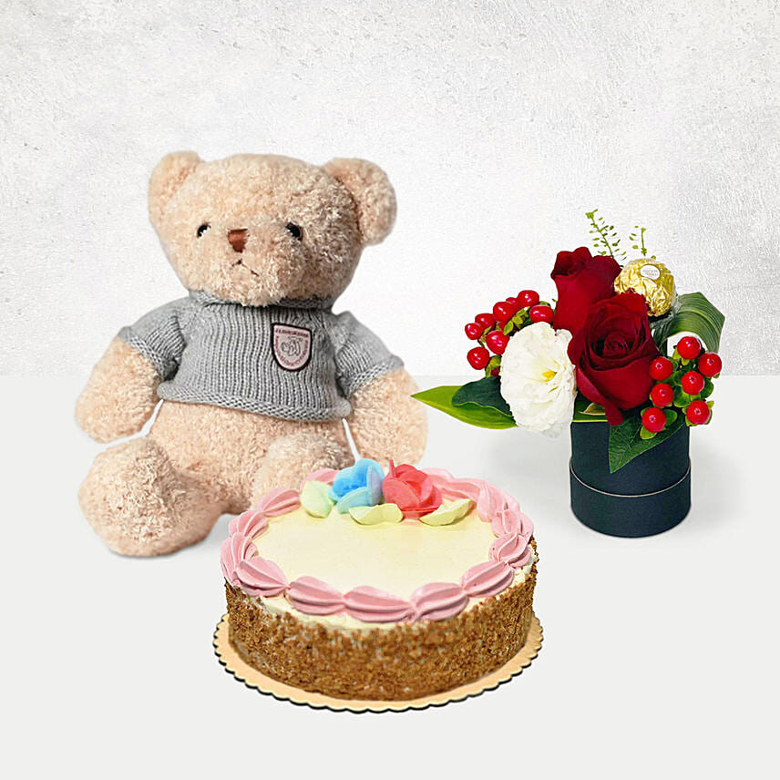 Box of Roses With Teddy and Cake
