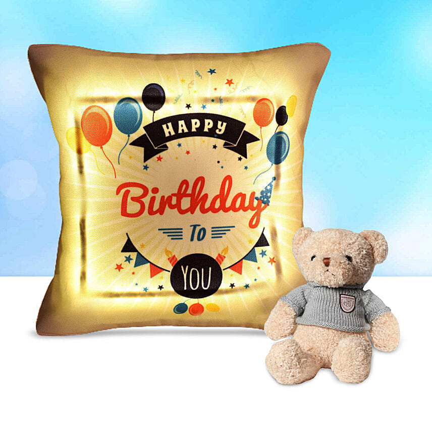 Happy Birthday Led Cushion With Teddy Bear