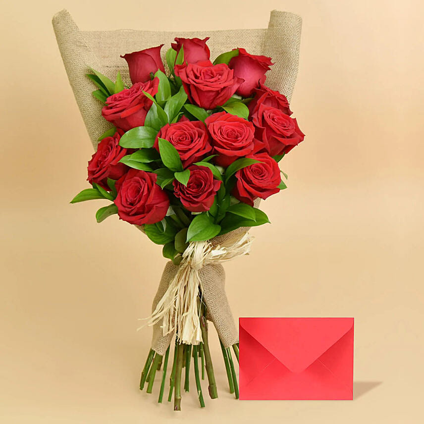 12 Valentines Red Roses Love Bouquet For Valentines with Greeting Card