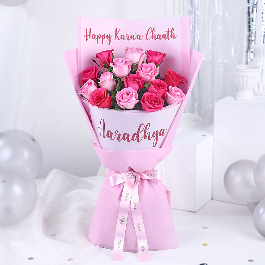 Custom Pink Roses Personalised Mixed Pink Rose Bouquet Delivery in Singapore - FNP SG