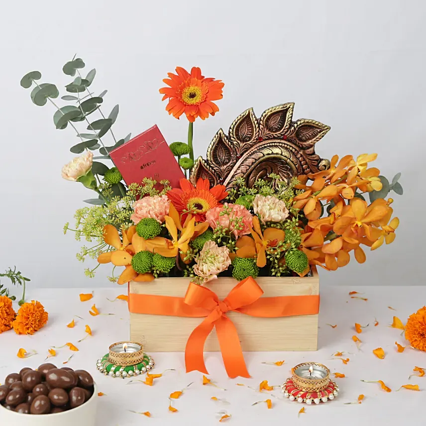 Premium 5 Diya Deepavali Flowers and Chocolate: Deepavali Flowers