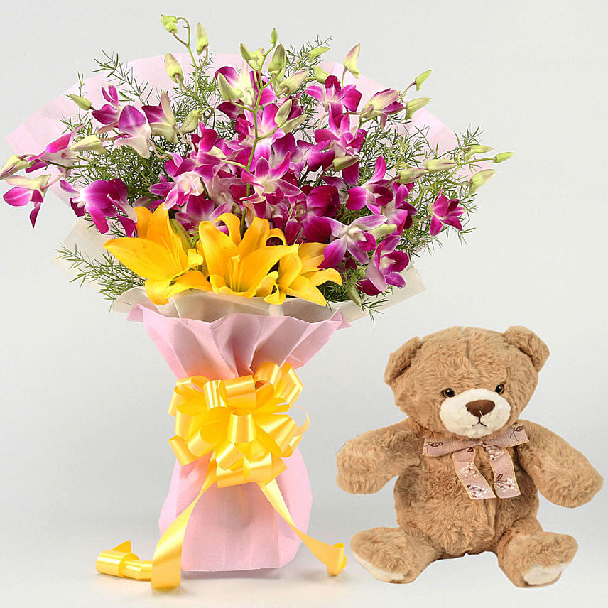 Eternal Assorted Flowers Bouquet With Teddy Bear