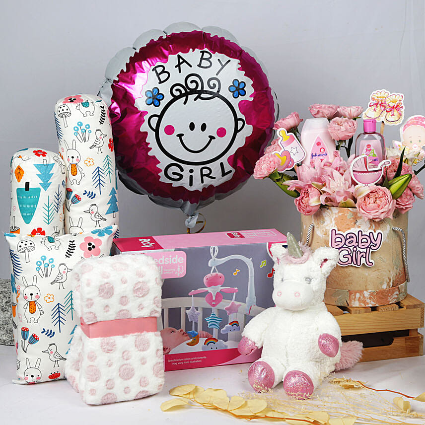 Its a Baby Girl Flower box giftset and Balloon