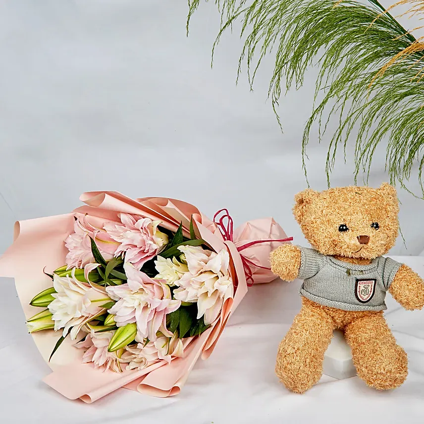 Passionate Oriental Pink Lilies with Teddy Bear