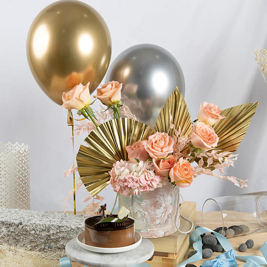 Shimmers Flowers Box with Cake and Balloons