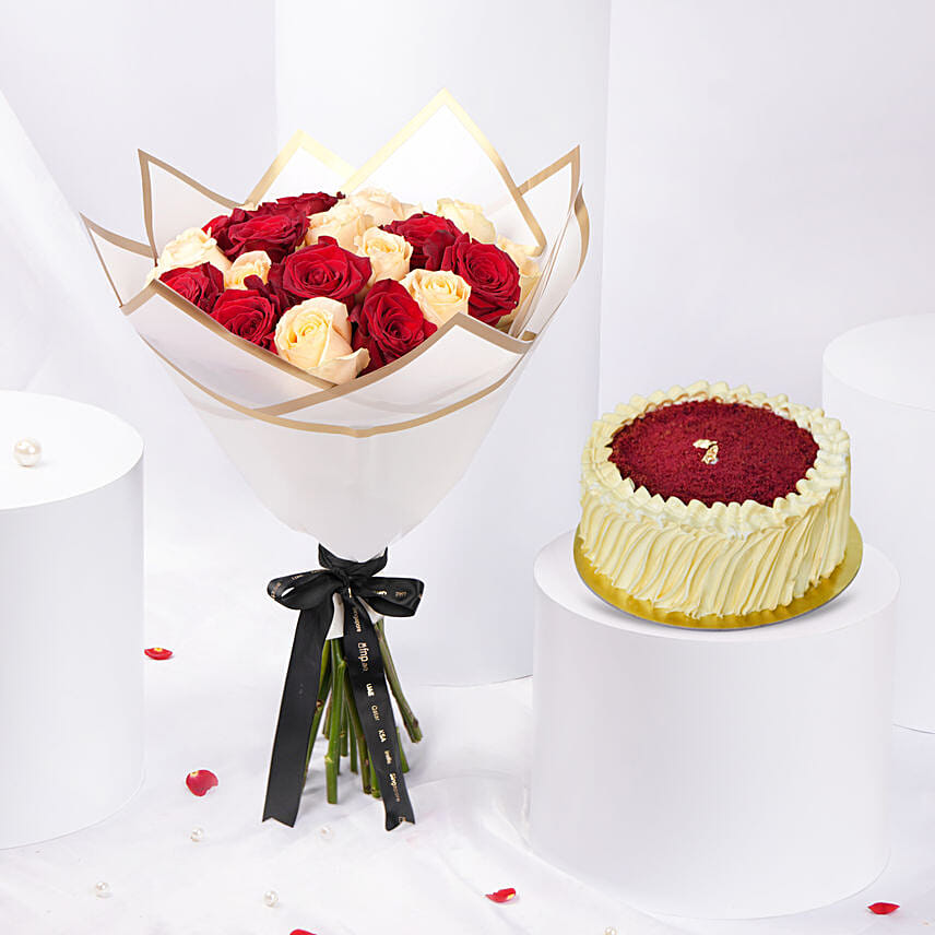 Valentine Roses and Red velvet Cake Combo