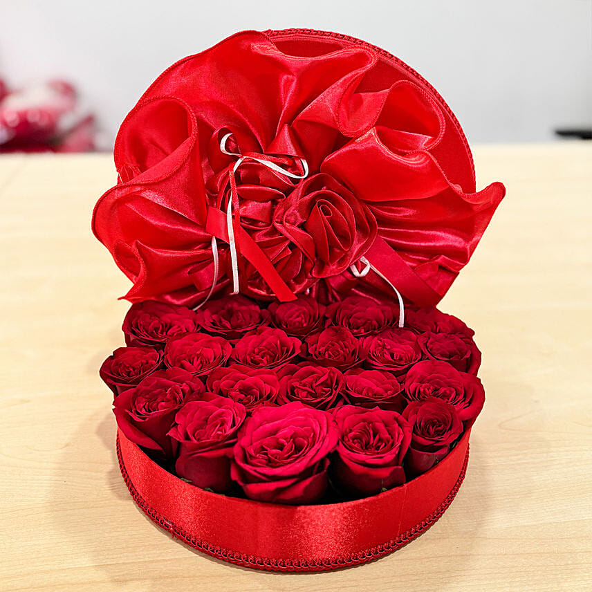 20 Red Roses in Red Round Box