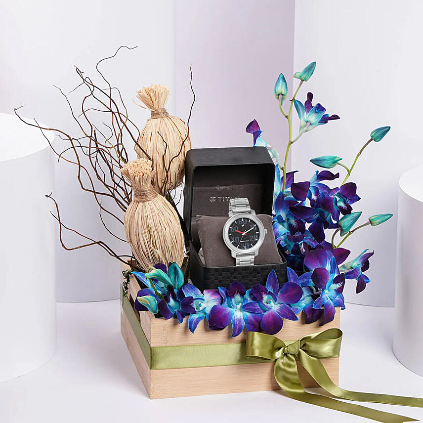 Titan Watch Gift Tray for Him with Orchid: CNY Flowers