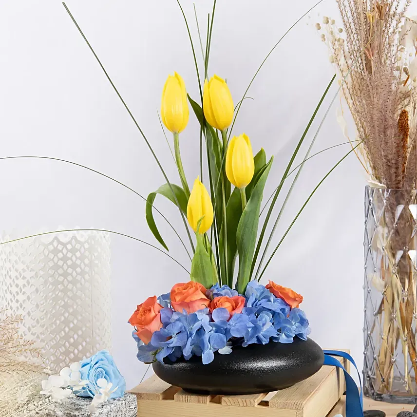 Tulips and Hydrangea Radiance: Flowers and Chocolates