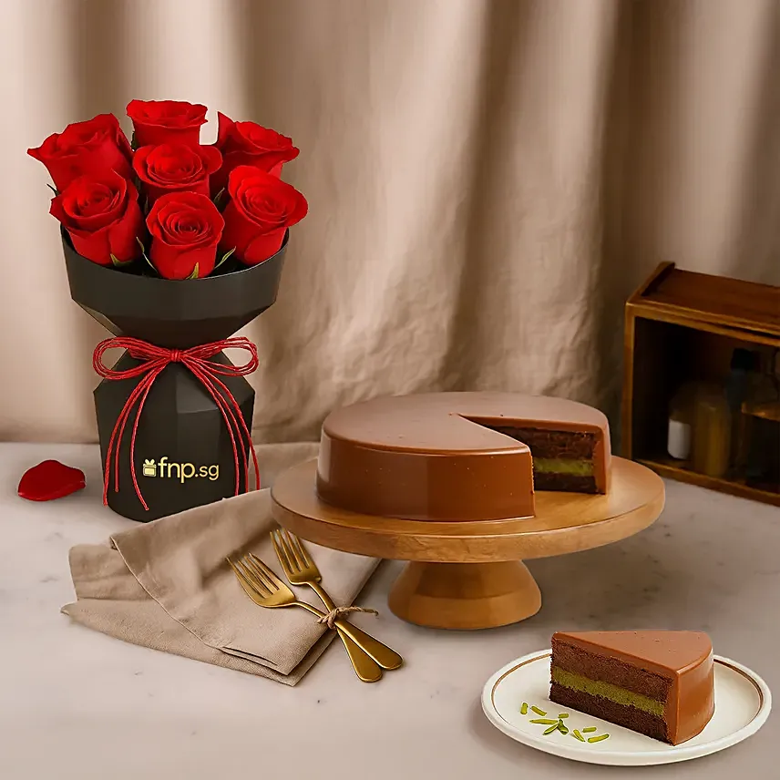 Red Roses and Dubai Chocolate Cake: Combo Gifts