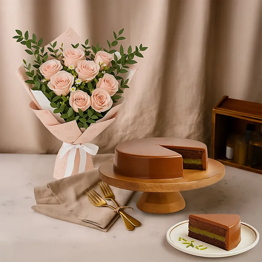 Titanic Roses and Dubai Chocolate Cake Bundle: Flowers and Cake Delivery Singapore